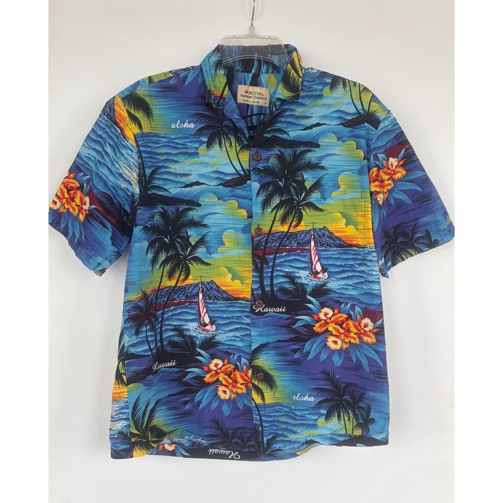 Royal‎ Hawaiian Creations Mens Medium Aloha Shirt Blue Sunset Palm Tree Sailboat